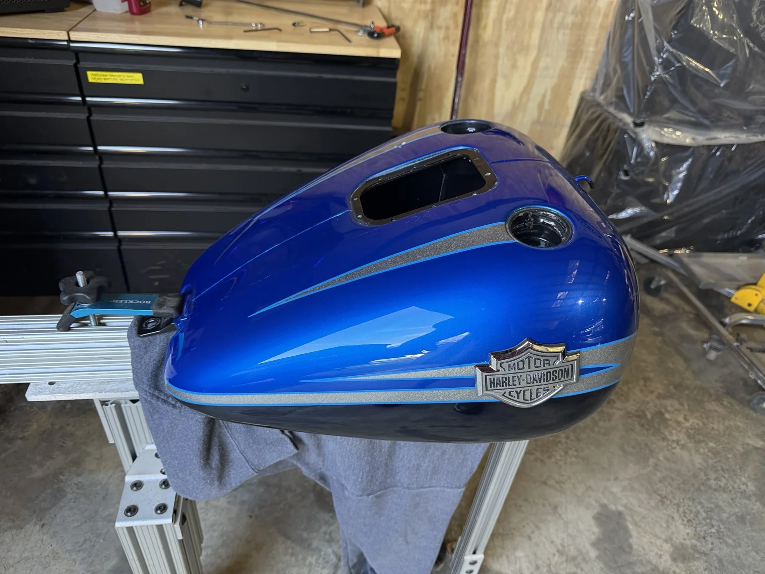 Harley motorcycle tank after paintless dent repair