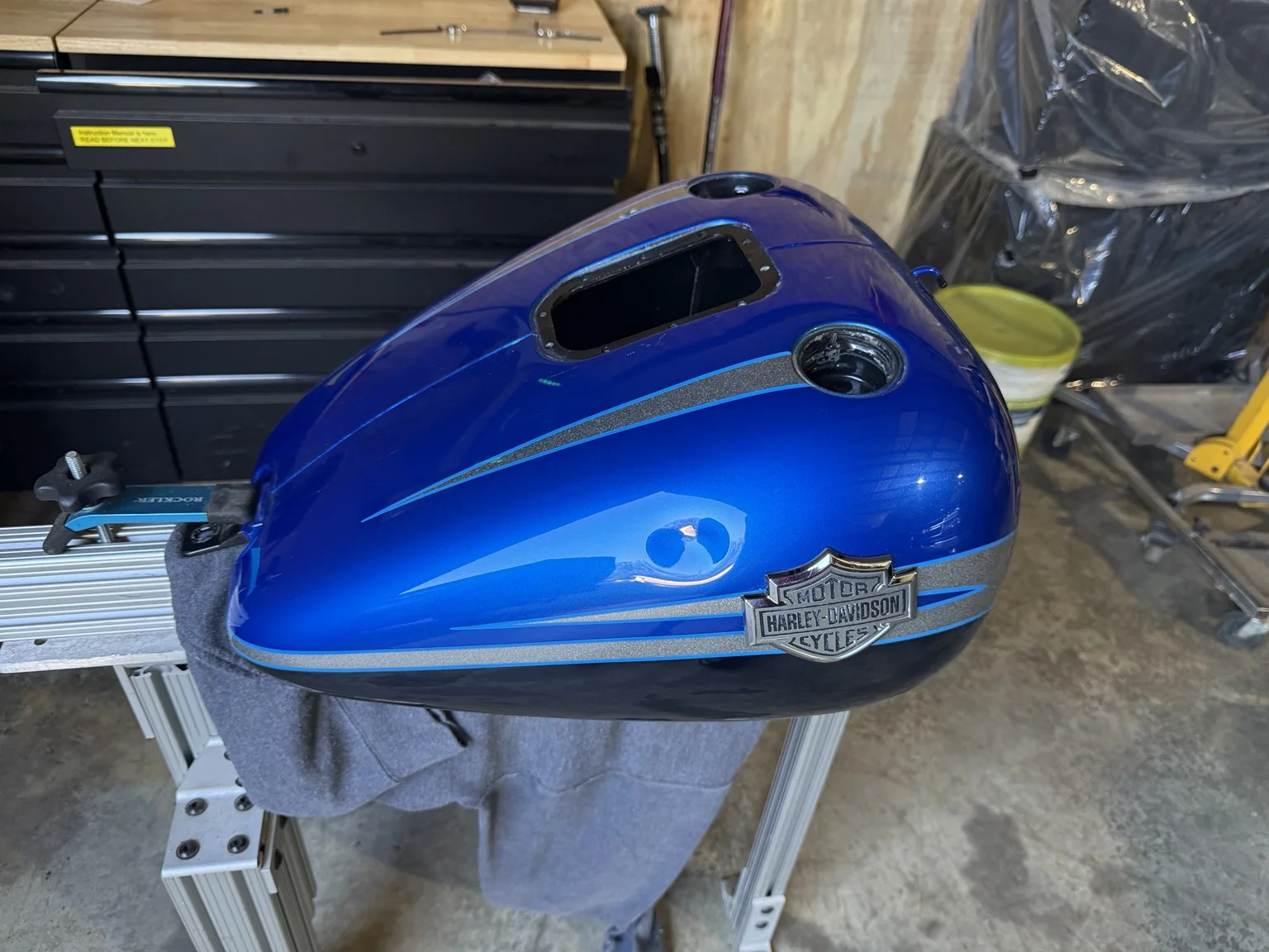 Harley motorcycle tank dent before paintless dent repair