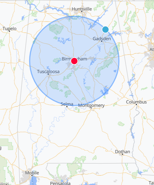 Map of Alabama showing an approximate 75-mile radius around Birmingham